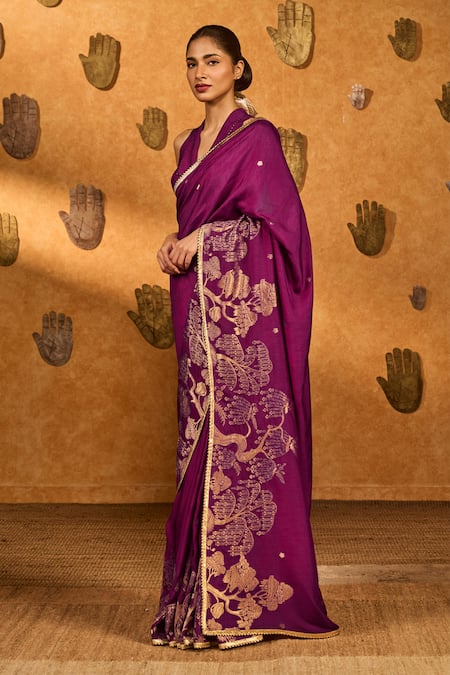 Buy_Masaba_Purple Jacquard Zari Berry Wine Zen Saree With Unstitched Blouse Piece 