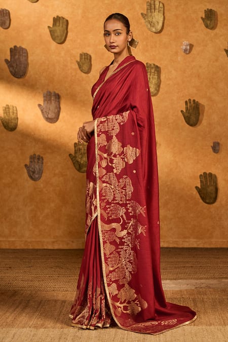 Buy Masaba Red Jacquard Zari Zen Saree With Unstitched Blouse Piece Online at Aza Fashions Buy_Masaba_Red Jacquard Zari Zen Saree With Unstitched Blouse Piece _Online_at_Aza_Fashions