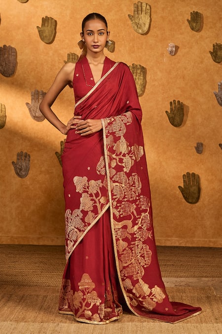 Masaba Red Zen Saree With Unstitched Blouse Piece 