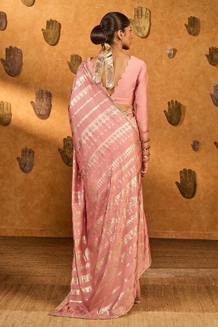 Shop Masaba Pink Silk Foil Printing Champagne Midas Touch Saree With Unstitched Blouse Piece at Aza Fashions Shop_Masaba_Pink Silk Foil Printing Champagne Midas Touch Saree With Unstitched Blouse Piece _at_Aza_Fashions