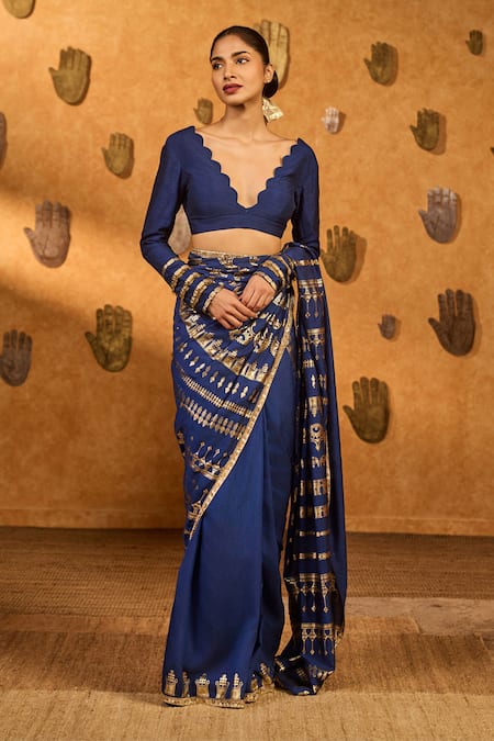 Masaba_Sapphire Silk Foil Printing Midas Touch Saree With Unstitched Blouse Piece _Online_at_Aza_Fashions