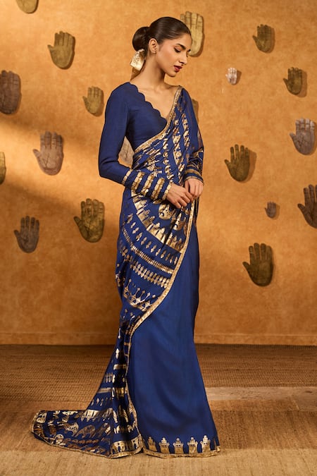 Buy_Masaba_Sapphire Silk Foil Printing Midas Touch Saree With Unstitched Blouse Piece _Online_at_Aza_Fashions