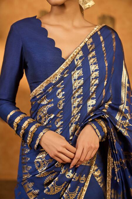 Masaba_Sapphire Silk Foil Printing Midas Touch Saree With Unstitched Blouse Piece _at_Aza_Fashions