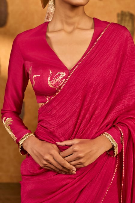 Masaba_Pink Silk Foil Printing, Zari Crane Dawn Saree With Unstitched Blouse Piece _Online_at_Aza_Fashions