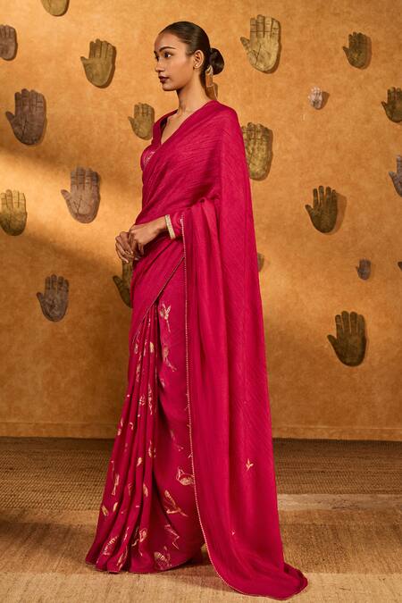 Buy_Masaba_Pink Silk Foil Printing, Zari Crane Dawn Saree With Unstitched Blouse Piece _Online_at_Aza_Fashions
