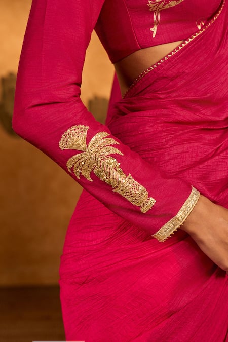 Masaba_Pink Silk Foil Printing, Zari Crane Dawn Saree With Unstitched Blouse Piece _at_Aza_Fashions