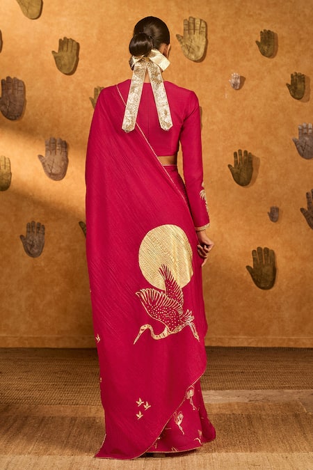 Shop_Masaba_Pink Silk Foil Printing, Zari Crane Dawn Saree With Unstitched Blouse Piece _at_Aza_Fashions