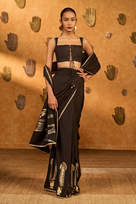Masaba_Black Silk Foil Printing Stillwater Bloom Saree With Unstitched Blouse Piece _Online_at_Aza_Fashions
