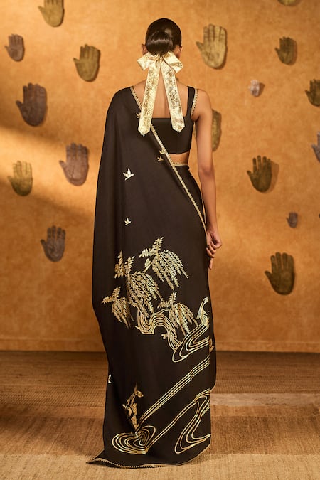 Shop_Masaba_Black Silk Foil Printing Stillwater Bloom Saree With Unstitched Blouse Piece _at_Aza_Fashions