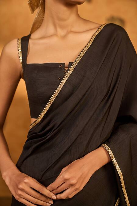 Buy_Masaba_Black Silk Foil Printing Stillwater Bloom Saree With Unstitched Blouse Piece _Online_at_Aza_Fashions