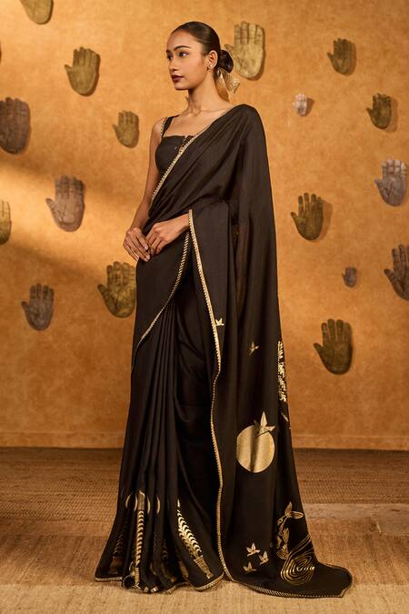 Masaba_Black Silk Foil Printing Stillwater Bloom Saree With Unstitched Blouse Piece _at_Aza_Fashions