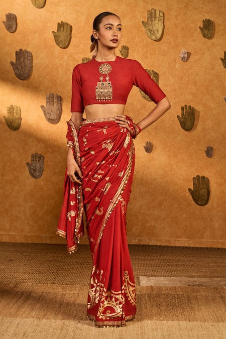 Buy_Masaba_Red Silk Foil Printing, Crushed Folkstone Saree With Unstitched Blouse Piece _Online_at_Aza_Fashions