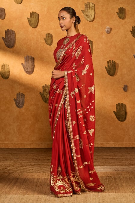 Shop_Masaba_Red Silk Foil Printing, Crushed Folkstone Saree With Unstitched Blouse Piece _Online_at_Aza_Fashions