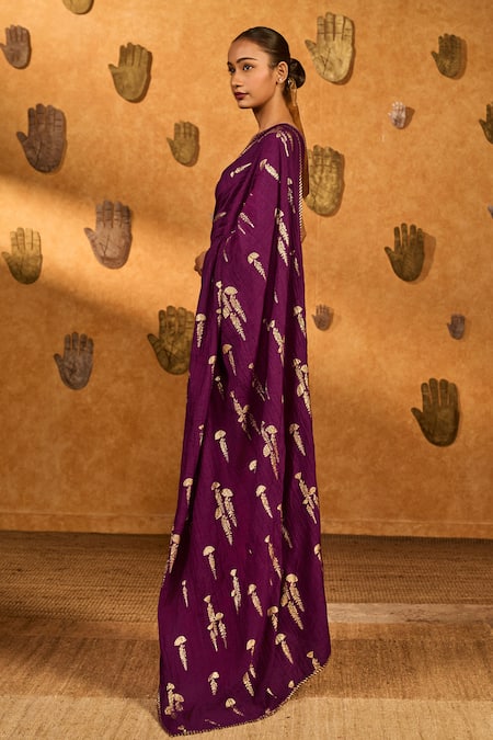 Buy_Masaba_Burgundy Silk Foil Berry Wine Saree With Unstitched Blouse Piece _Online_at_Aza_Fashions
