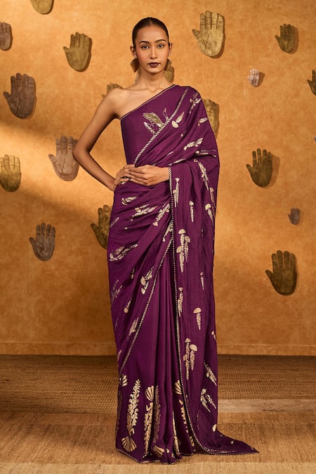 Masaba Berry Cherry Wine Saree With Unstitched Blouse Piece 