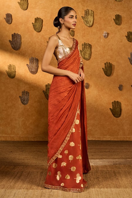 Masaba_Rust Silk, Tissue Applique, Zari, Windrose Saree With Unstitched Blouse Piece _Online_at_Aza_Fashions