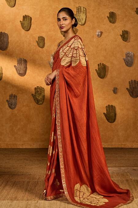 Buy_Masaba_Rust Silk, Tissue Applique, Zari, Windrose Saree With Unstitched Blouse Piece _Online_at_Aza_Fashions