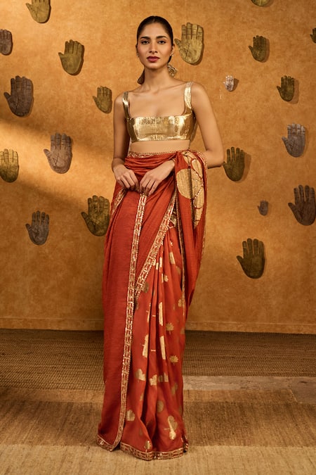 Shop_Masaba_Rust Silk, Tissue Applique, Zari, Windrose Saree With Unstitched Blouse Piece _Online_at_Aza_Fashions