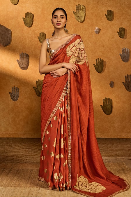 Masaba Rust Windrose Saree With Unstitched Blouse Piece 