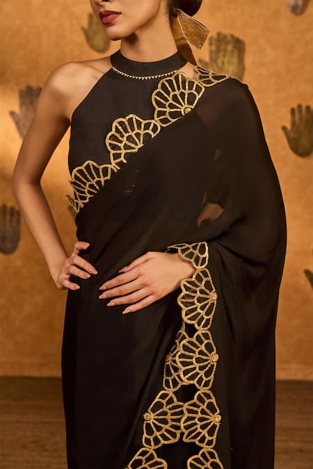 Masaba_Black Chiffon Gota Patti, Applique Windrose Saree With Unstitched Blouse Piece _Online_at_Aza_Fashions