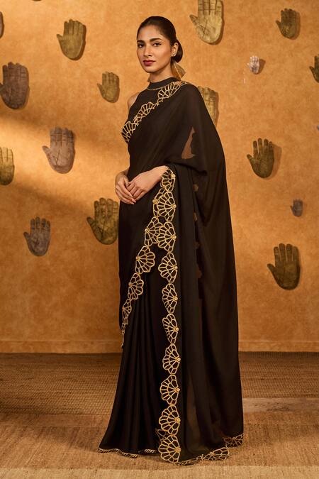 Shop_Masaba_Black Chiffon Gota Patti, Applique Windrose Saree With Unstitched Blouse Piece _Online_at_Aza_Fashions