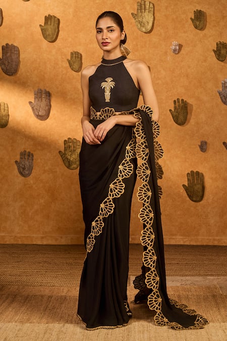 Masaba_Black Chiffon Gota Patti, Applique Windrose Saree With Unstitched Blouse Piece _at_Aza_Fashions