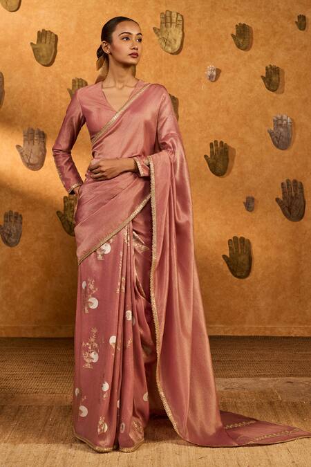 Masaba_Mauve Tissue, Silk Embroidery, Moon Garden Saree With Unstitched Blouse Piece _at_Aza_Fashions