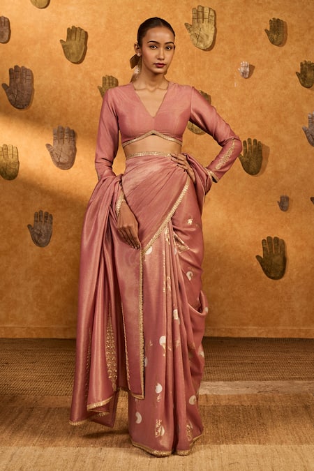 Buy_Masaba_Mauve Tissue, Silk Embroidery, Moon Garden Saree With Unstitched Blouse Piece 