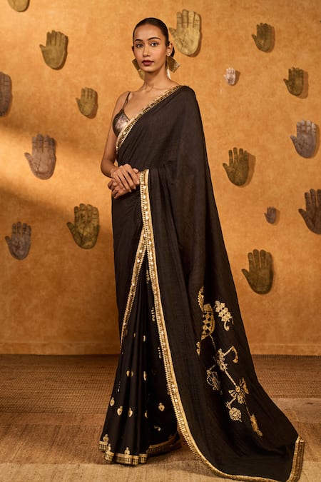 Masaba Black Silk Sequins, Foil Wishdrop Gota Saree With Unstitched Blouse Piece at Aza Fashions Masaba_Black Silk Sequins, Foil Wishdrop Gota Saree With Unstitched Blouse Piece _at_Aza_Fashions