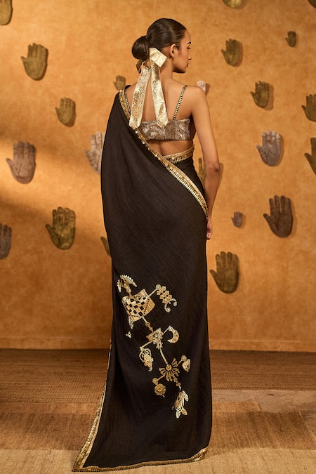 Shop Masaba Black Silk Sequins, Foil Wishdrop Gota Saree With Unstitched Blouse Piece at Aza Fashions Shop_Masaba_Black Silk Sequins, Foil Wishdrop Gota Saree With Unstitched Blouse Piece _at_Aza_Fashions