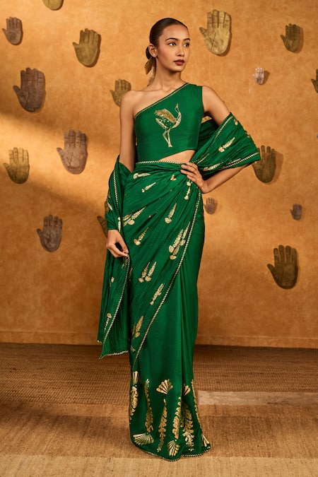 Shop_Masaba_Green Silk Foil Printing Cherry Wine Saree With Unstitched Blouse Piece _Online_at_Aza_Fashions