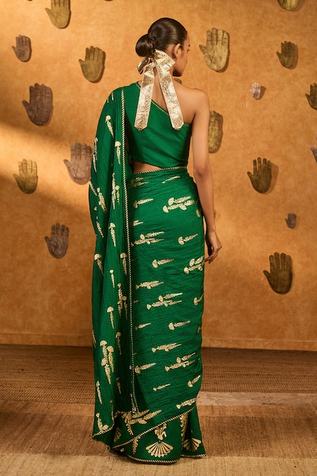 Shop_Masaba_Green Silk Foil Printing Cherry Wine Saree With Unstitched Blouse Piece _at_Aza_Fashions