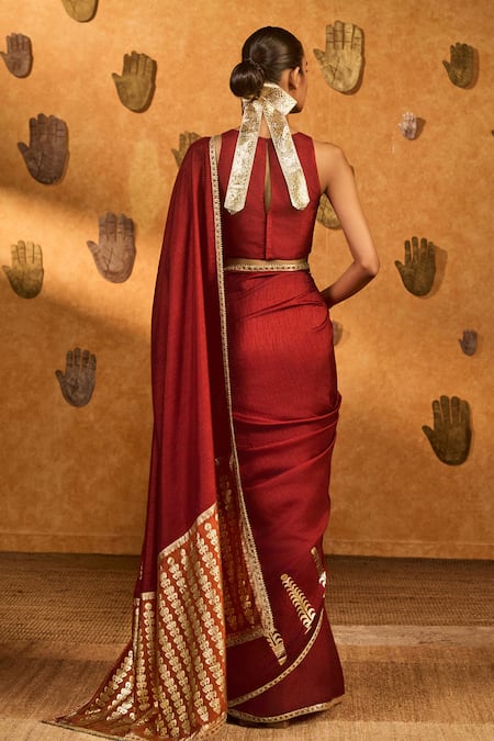 Masaba Red Fern Flame Saree With Unstitched Blouse Piece 