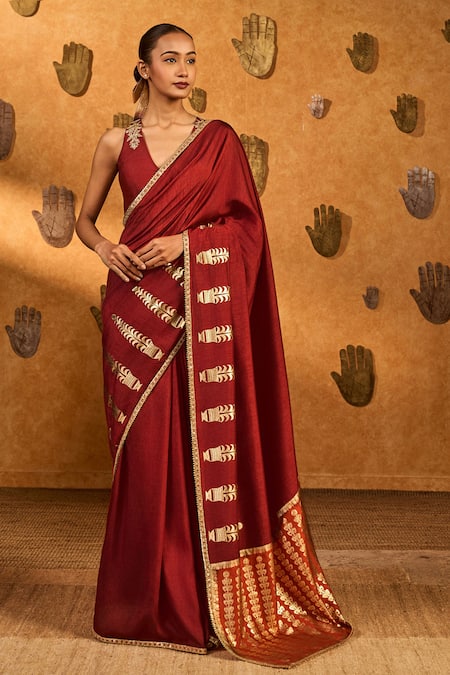 Masaba Red Fern Flame Saree With Unstitched Blouse Piece 