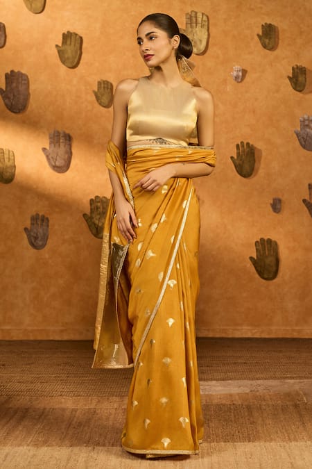 Masaba_Yellow Silk, Tissue Foil Ochre Tea Blossom Saree With Unstitched Blouse Piece _Online_at_Aza_Fashions