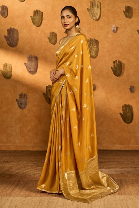 Buy_Masaba_Yellow Silk, Tissue Foil Ochre Tea Blossom Saree With Unstitched Blouse Piece _Online_at_Aza_Fashions
