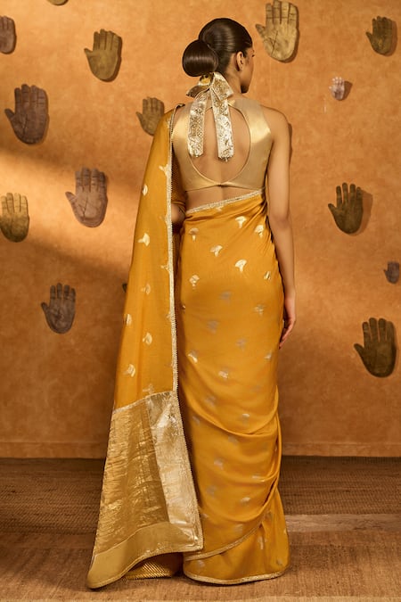 Masaba Ochre Tea Blossom Saree With Unstitched Blouse Piece 