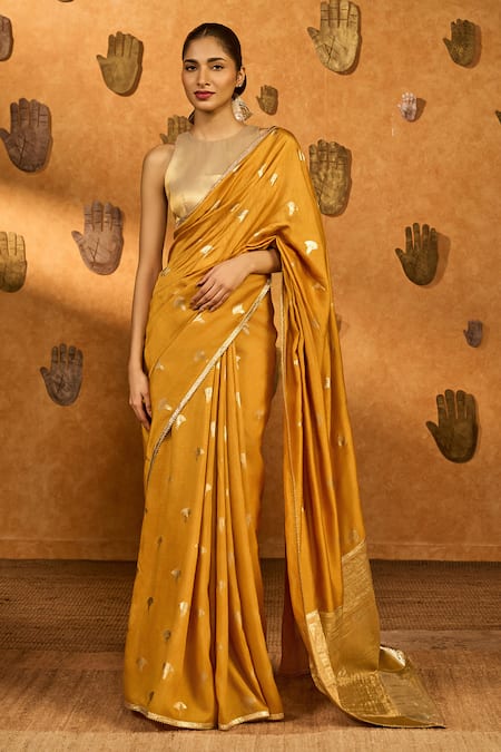 Masaba Ochre Tea Blossom Saree With Unstitched Blouse Piece 