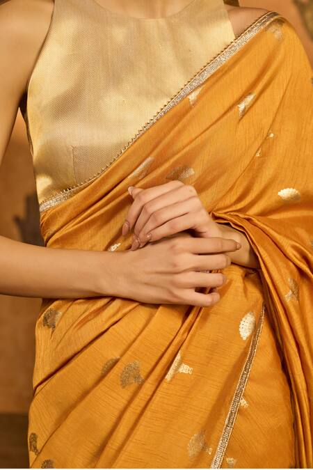 Masaba_Yellow Silk, Tissue Foil Ochre Tea Blossom Saree With Unstitched Blouse Piece _at_Aza_Fashions