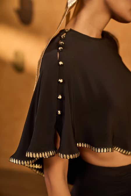 Masaba Black Crepe Foil Printing Round Neck Moonfish Draped Skirt And Cape Set Online at Aza Fashions Masaba_Black Crepe Foil Printing Round Neck Moonfish Draped Skirt And Cape Set _Online_at_Aza_Fashions