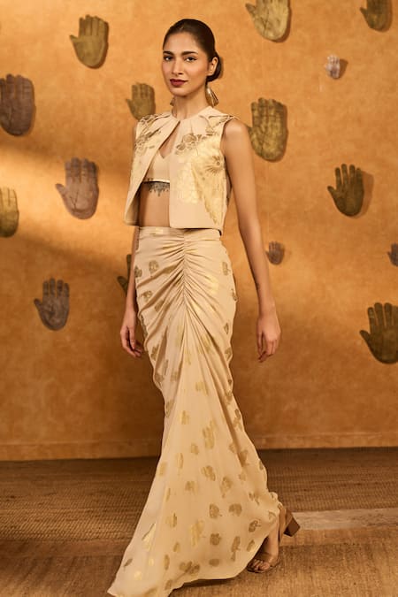 Shop_Masaba_Beige Crepe, Silk Foil Printing, Piping Oatmeal Windrose Jacket And Skirt Set _Online_at_Aza_Fashions