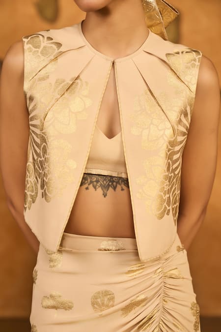 Masaba_Beige Crepe, Silk Foil Printing, Piping Oatmeal Windrose Jacket And Skirt Set _at_Aza_Fashions