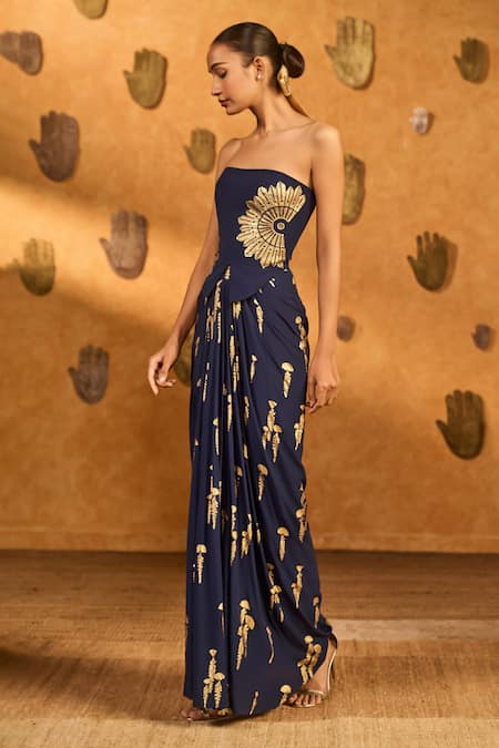 Masaba_Navy Crepe, Silk Foil Printing, Embroidery, Blue Cherry Vine Corset With Skirt _Online_at_Aza_Fashions