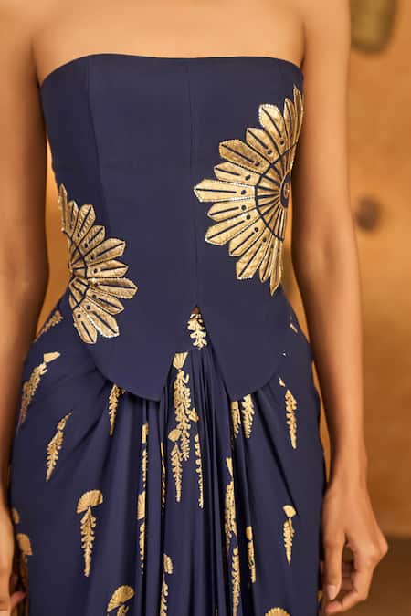 Buy_Masaba_Navy Crepe, Silk Foil Printing, Embroidery, Blue Cherry Vine Corset With Skirt _Online_at_Aza_Fashions
