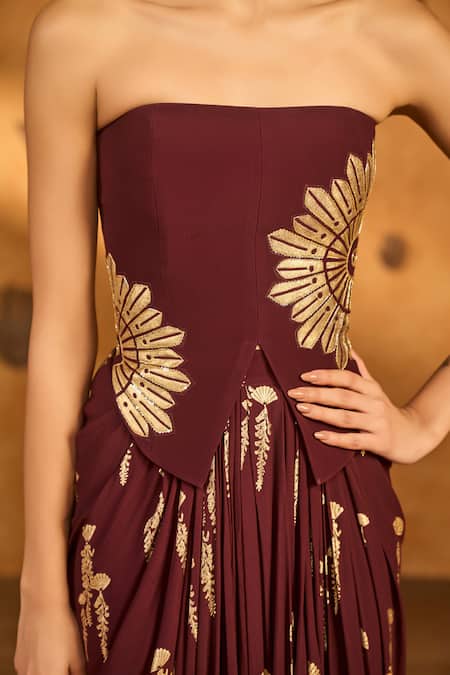 Buy_Masaba_Maroon Crepe, Silk Foil Printing, Embroidery Plum Cherry Vine Corset With Skirt _Online_at_Aza_Fashions