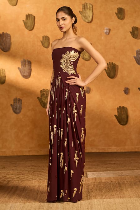 Shop_Masaba_Maroon Crepe, Silk Foil Printing, Embroidery Plum Cherry Vine Corset With Skirt _Online_at_Aza_Fashions