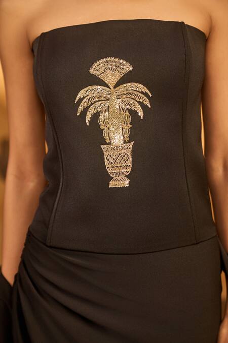 Shop_Masaba_Black Crepe, Silk Embroidery, Tassels Bandeau Neck Cherry Vine Skirt Set _Online_at_Aza_Fashions