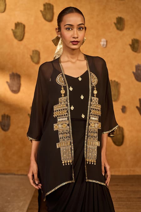 Masaba Black Crepe Foil Printing, Embroidery Open Neck, Heartbeat Draped Cape Set at Aza Fashions Masaba_Black Crepe Foil Printing, Embroidery Open Neck, Heartbeat Draped Cape Set _at_Aza_Fashions