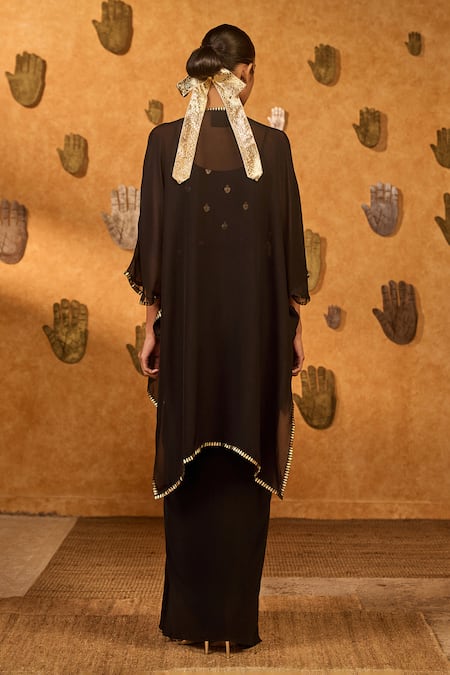 Shop Masaba Black Crepe Foil Printing, Embroidery Open Neck, Heartbeat Draped Cape Set at Aza Fashions Shop_Masaba_Black Crepe Foil Printing, Embroidery Open Neck, Heartbeat Draped Cape Set _at_Aza_Fashions
