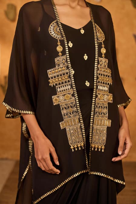 Shop Masaba Black Crepe Foil Printing, Embroidery Open Neck, Heartbeat Draped Cape Set Shop_Masaba_Black Crepe Foil Printing, Embroidery Open Neck, Heartbeat Draped Cape Set